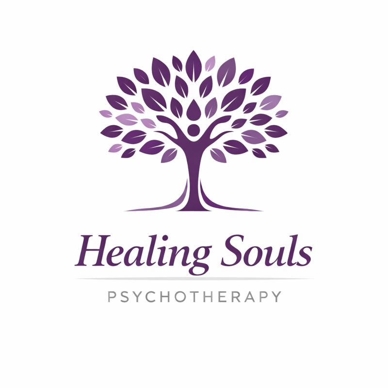 Healing Souls Psychotherapy logo showing a concept tree with a person as it's trunk supporting leaves in shades of pink and purple above the words Healing Souls Psychotherapy